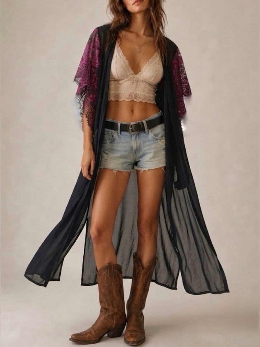 Vintage 90s Long Lace Duster Pink Black
Size Large-XL Kimono Belt Wrap Attached